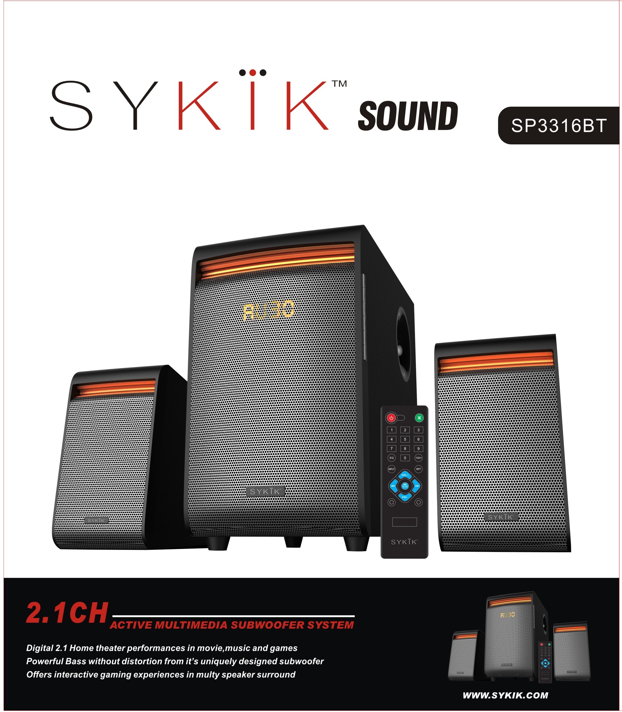 Sykik SP3316BT, Powerful 42W RMS, Wireless Bluetooth Connection.